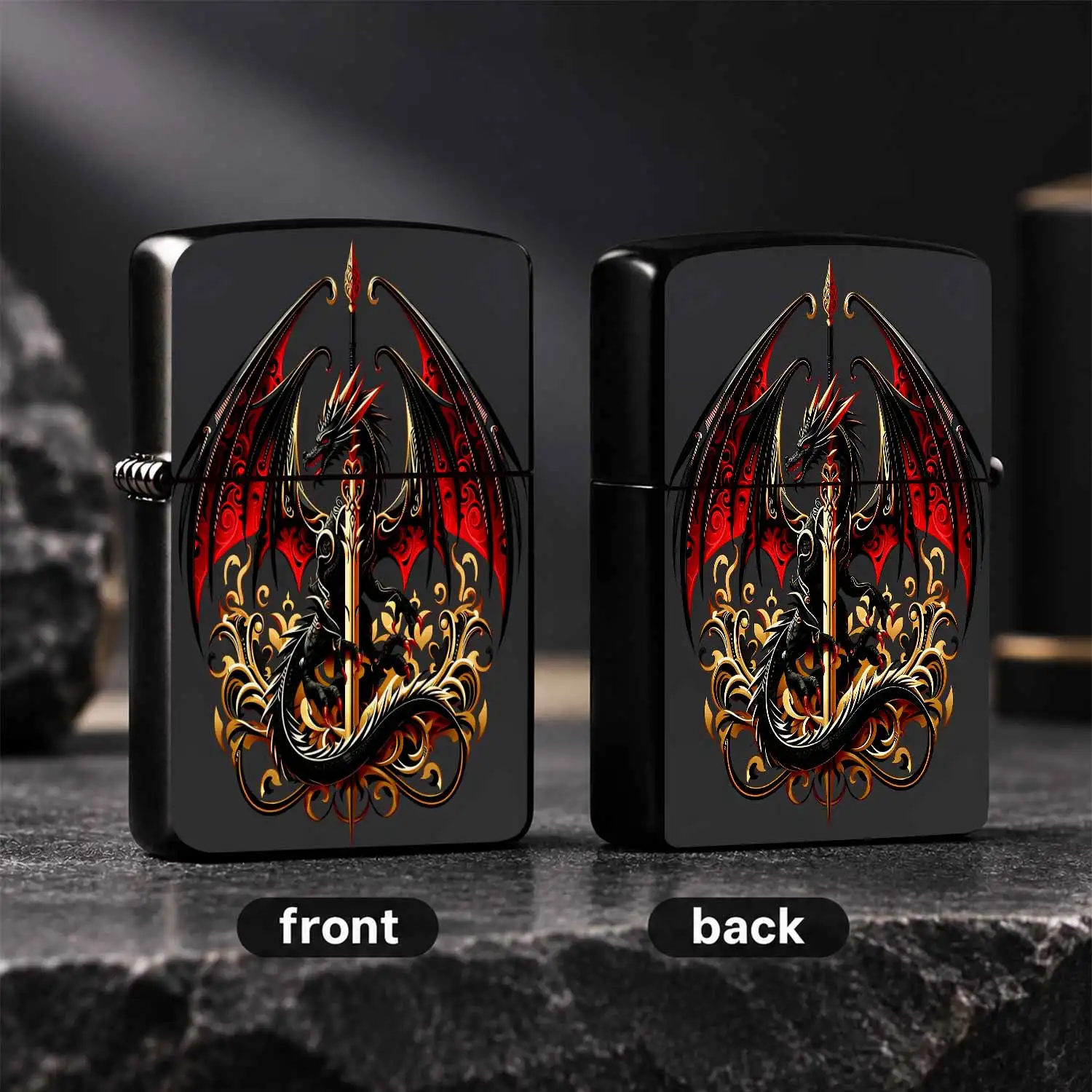 Stylish Black Gold Red Pattern Dragon Portable Lighter, Exquisite Mythical Dragon Themed Decor Accessory, Ideal for Camping Home Candle Lighting, Unique Creative Present for Dragon Lovers for All Scenes A Humorous And Interesting Lighter