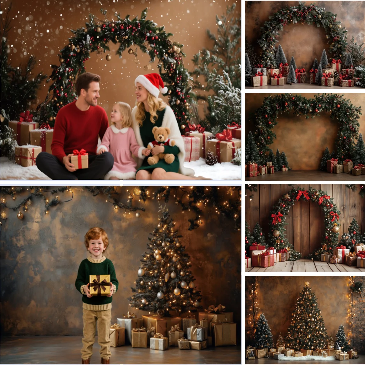 Christmas Photography Backdrop Grey Wall Wreath Arch Door Xmas Tree Gift Kids Family Christmas Party Decoration Photo Background