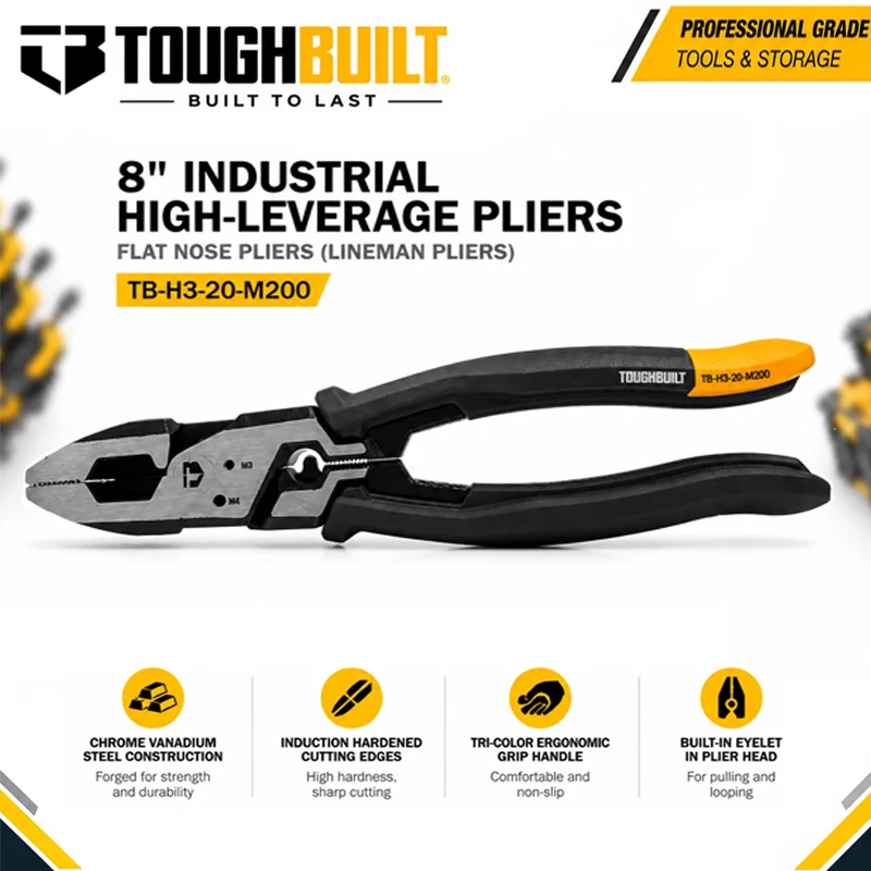 TOUGHBUILT TB-H3-20-M200 8 Inch Heavy Duty Flat Nose Combination Pliers, CR-V Steel Labor Saving Multi-Function Wire Cutter