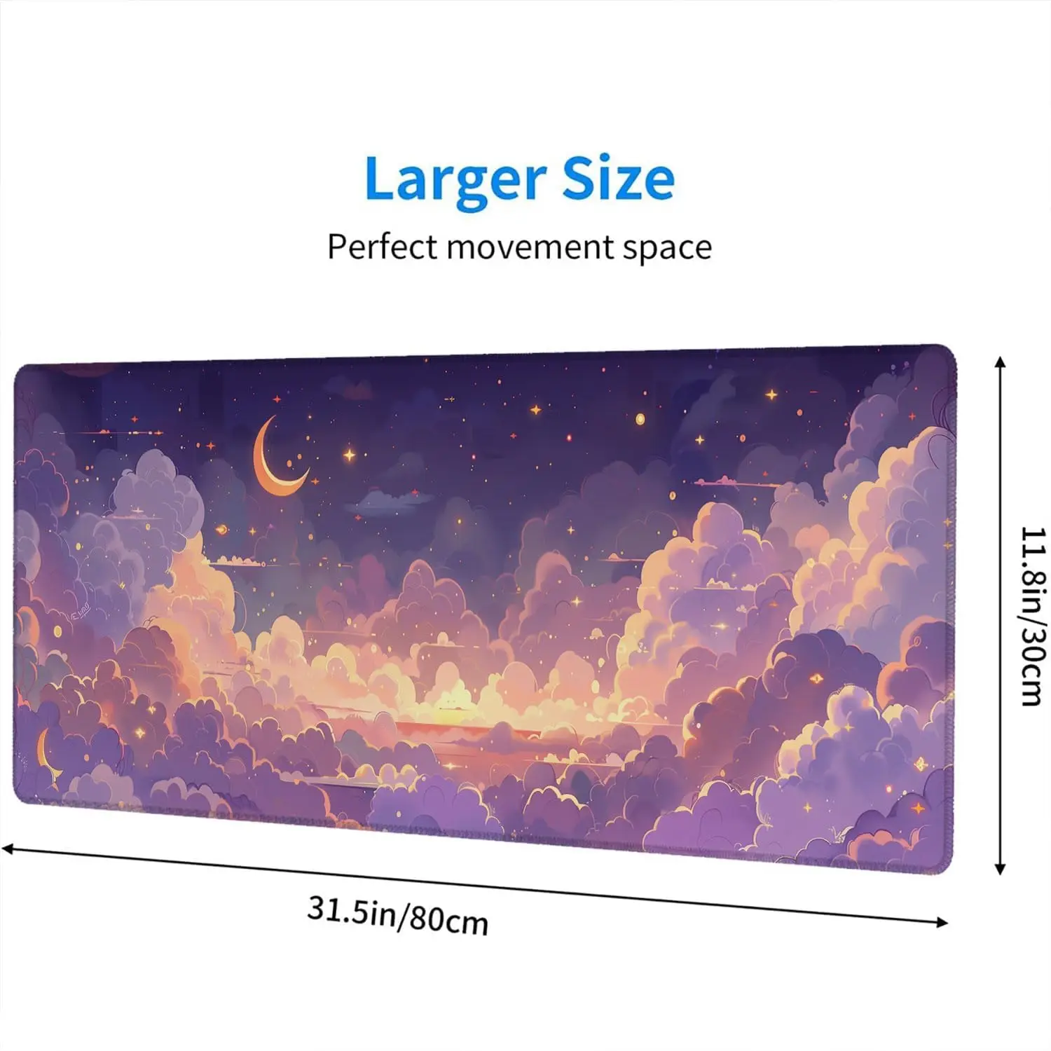 Dreamy Starry Sky Cloud Desk Mat, Aesthetic Purple Crescent Moon Large Gaming Mouse Pad, Non-Slip Keyboard Pad for Gamer Home