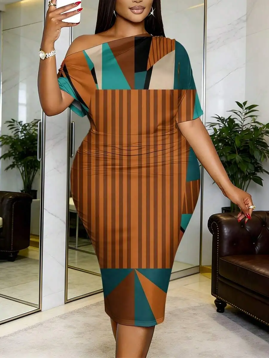 

Women One Shoulder Short Sleeve Dress Geometric Stripes Earth Tone Knit Bodycon