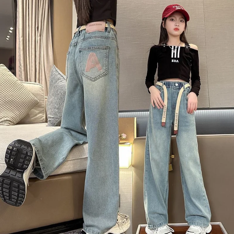 

Весенне-осенний сезон, джинсы для девочек, джинсы для девочек, ковбойские прямые брюки, детская одежда, свободные брюки для девочек, повседневная одежда