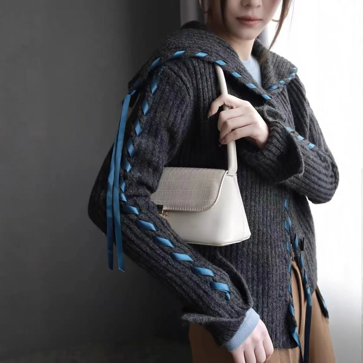 

Western Style Handmade Woven Ribbon Large Lapel Sweater Cardigan Women's Autumn and Winter New Loose Woolen Knitted Sweater