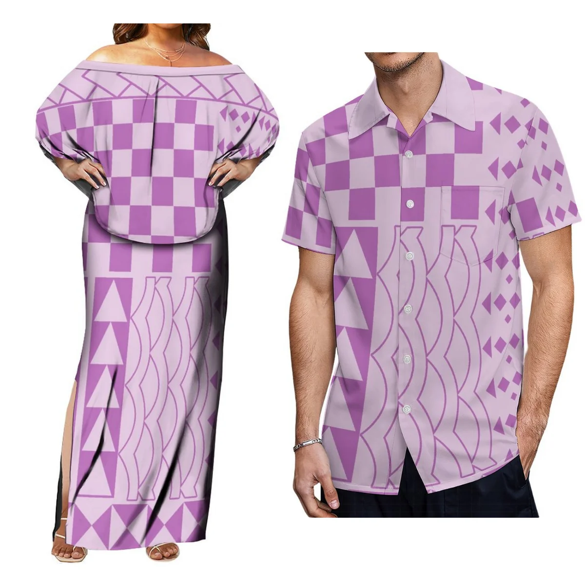 2024 Women'S Cape Dress One-Line Shoulder Split Dress With Men'S Shirt Polynesian Design Couple Set 