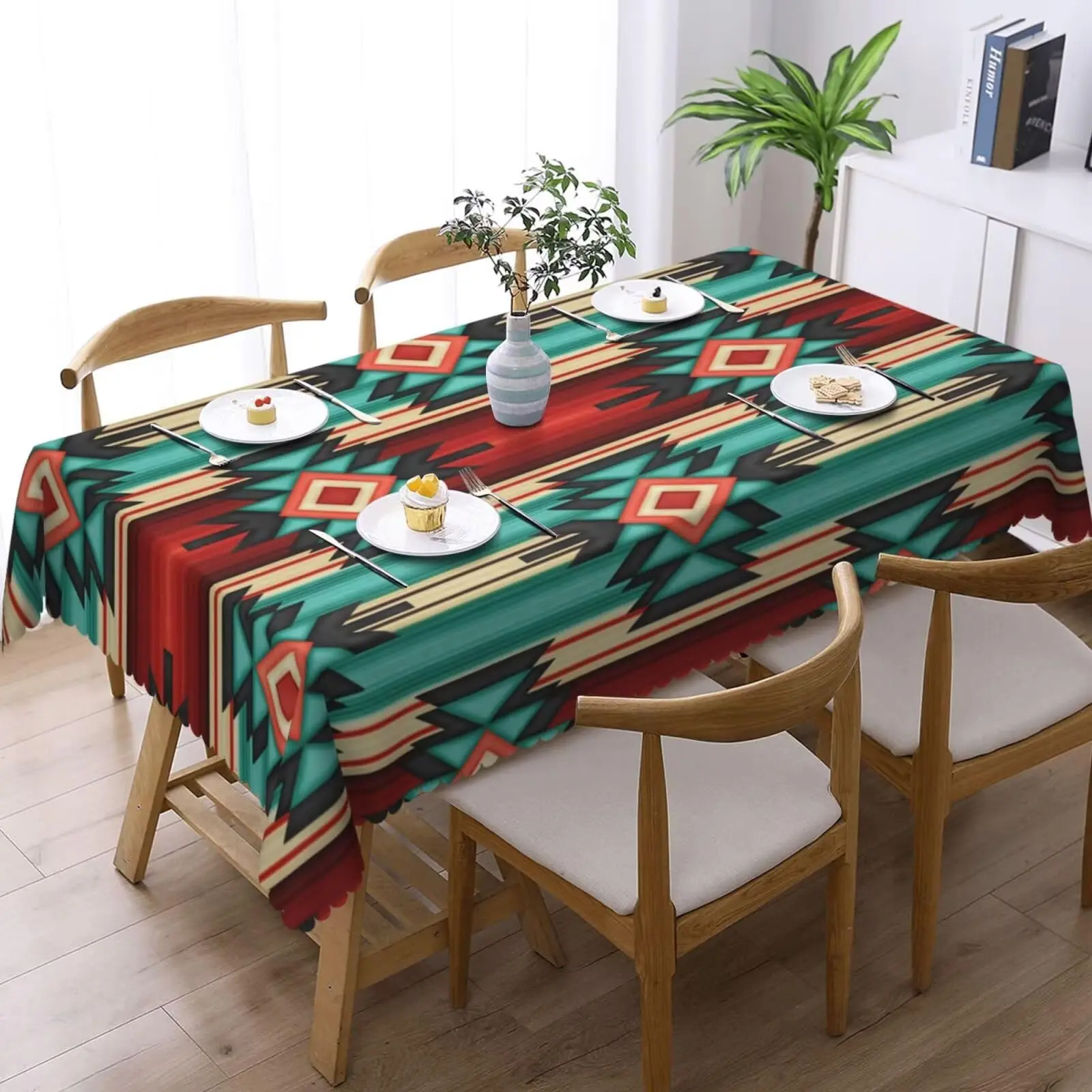 Navajo Western Rectangle Tablecloth Southwestern American Ethnic Aztec Print Table Cloths Green Red Geometric Stripe Washable