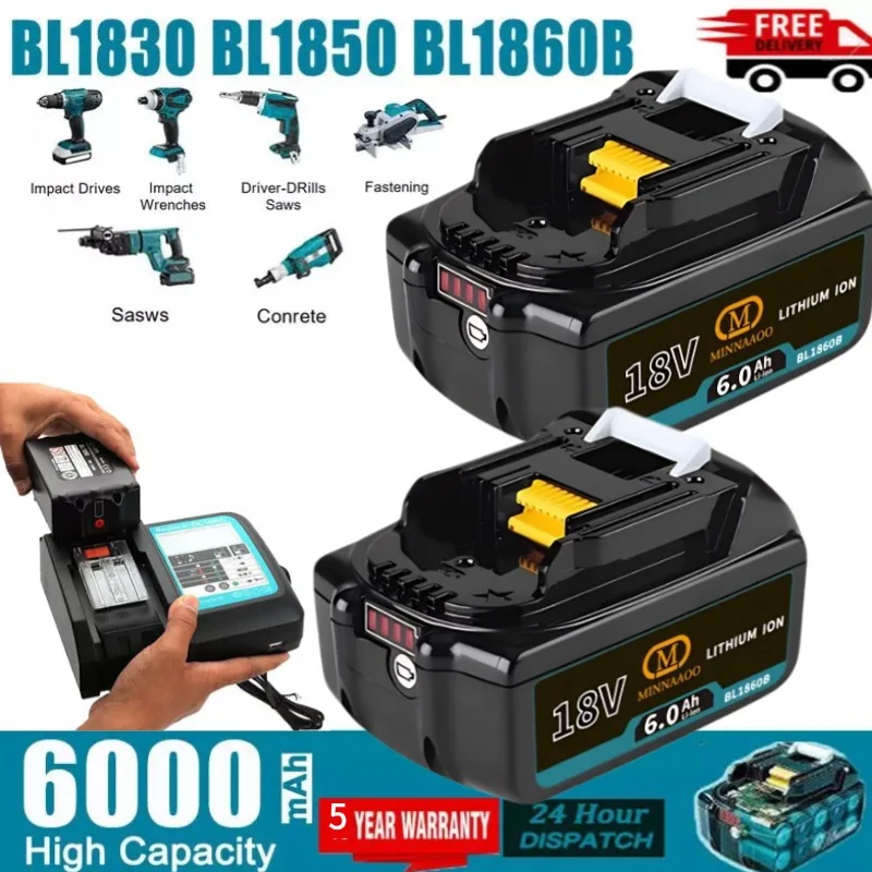 

NEW Genuine For Makita 18V Battery 6Ah Rechargeable LithiumCompatible with BL1860B BL1850 BL1830 DHP482RFX9 LXT400