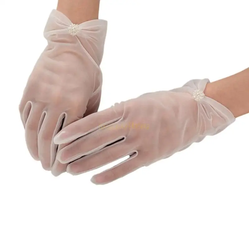 31BF حساسة اللؤلؤ الاصطناعي قفازات الزفاف قصيرة طول حفل زفاف أساسي تول قفازات للعروس مناسبة رسمية #2