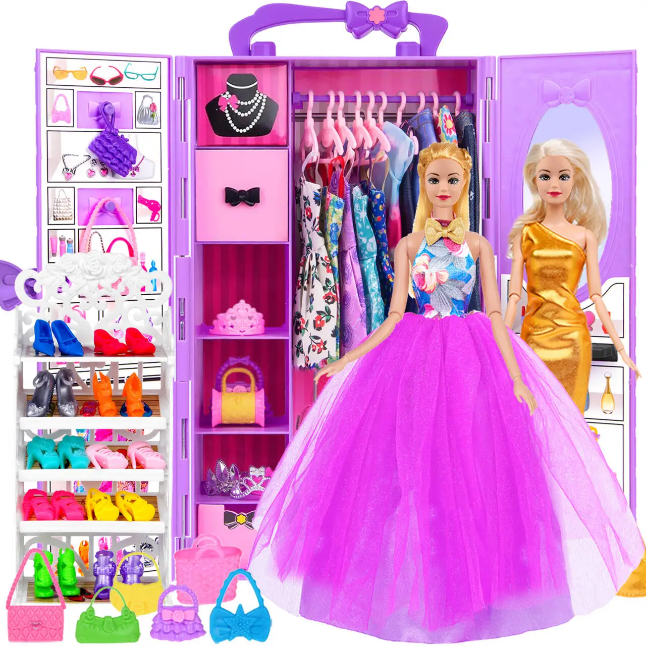 

101pcs 11.5 Inch Girl Doll with Closet Clothes and Accessories Including Gown Dress, Outfits, Shoes Rack, Dress, Shoes Hangers