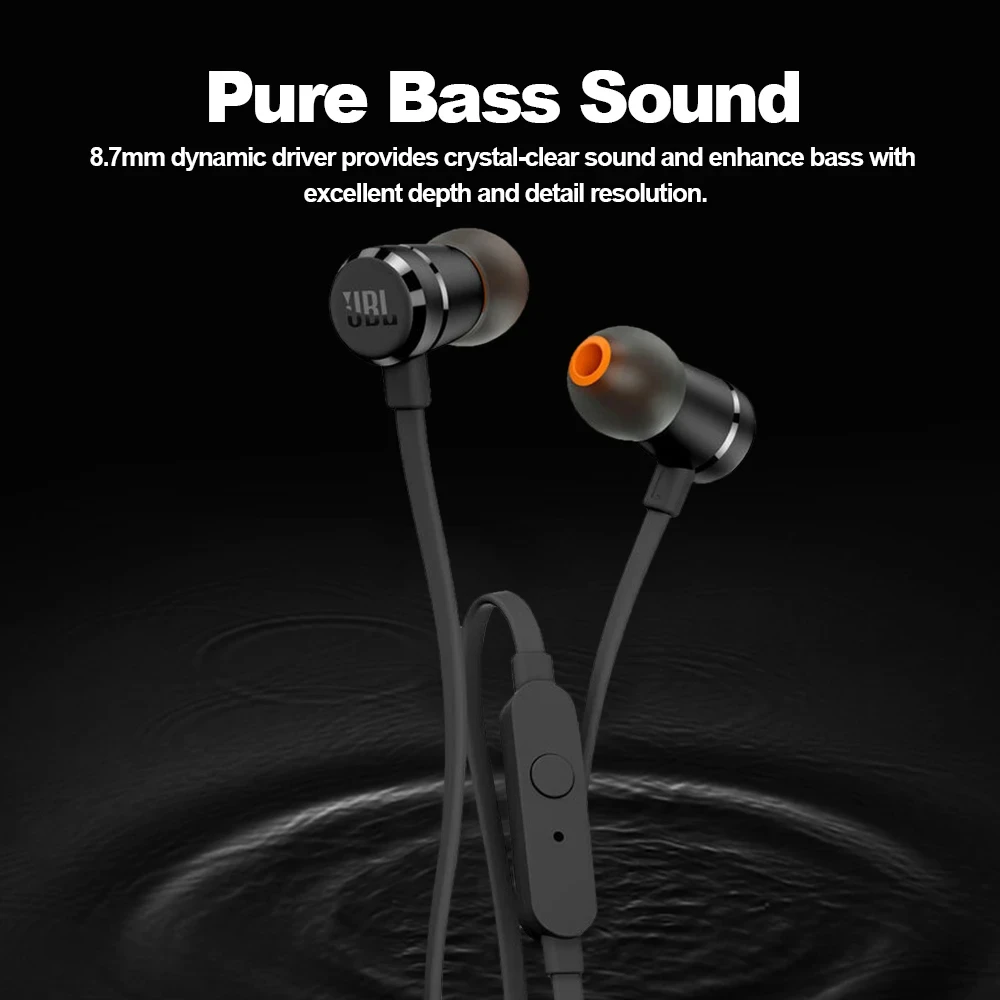 JBL T290 3.5mm Wired Earphones TUNE 290 Earbuds Stereo Music Sports Pure Bass Headset 1-Button Remote Hands-free Call with Mic