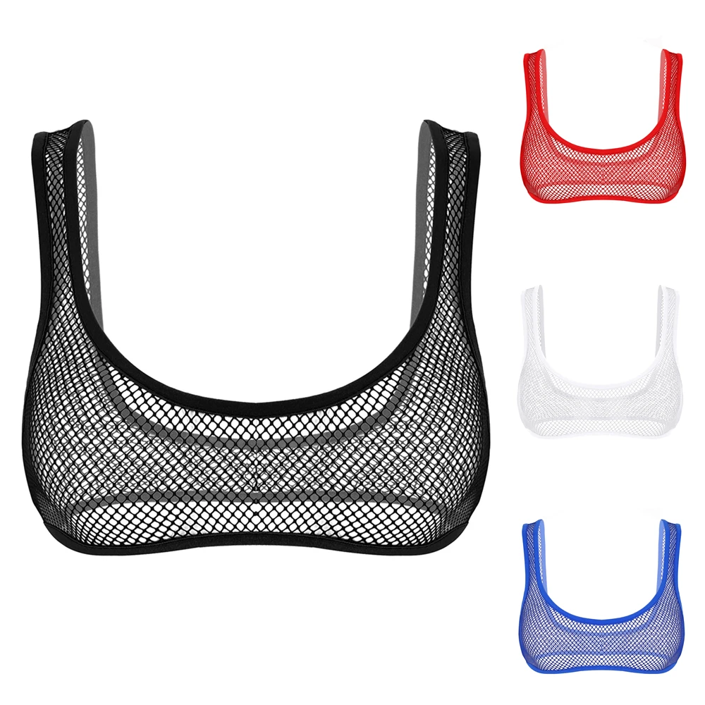 Soutien-gorge sexy en résille transparent pour femmes, lingerie en maille, bretelles larges initiées, décolleté en U profond, haut court précieux,