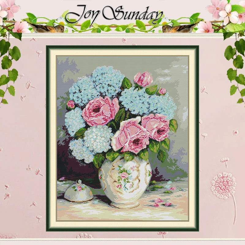 

Roses and Hydrangeas Patterns Counted Cross Stitch Set DIY 11CT 14CT 16CT HD Stamped DMC Cross-stitch Kit Embroidery Needlework