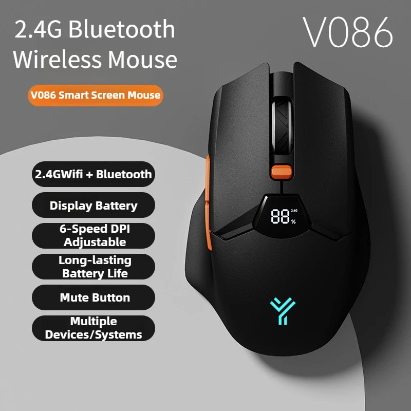 

V086 Беспроводная Bluetooth-мышь 2,4G с аккумулятором и экраном, регулируемая точек на дюйм, зарядка типа C, перезаряжаемая игровая мышь