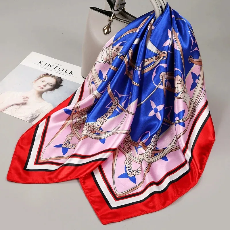 Fashion Square Silk Scarf Women Headband 90*90cm Print Neck Scarfs Office Hair Band Hand Kerchief Female Bandana Headwear