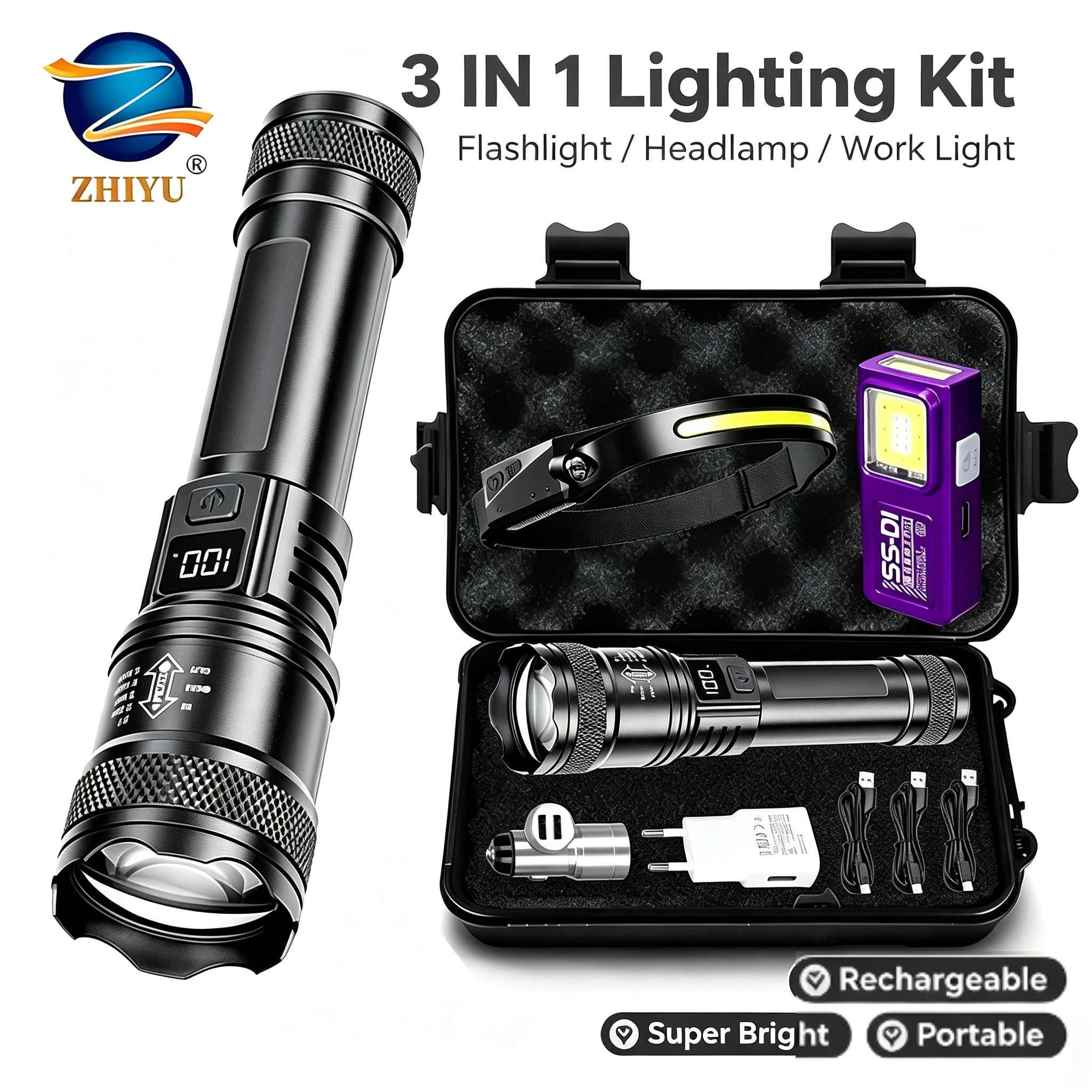 Super Bright LED Flashlight and Induction Headlight Package Rechargeable Portable Lighting for Outdoor Camping Fishing Emergency