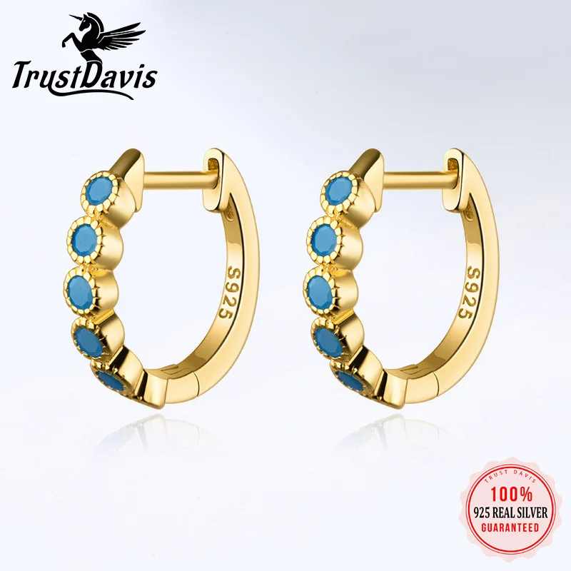 الثقة ديفيس ريال 925 فضة الحلو الحد الأدنى هوب القرط للنساء لامعة الأزرق تشيكوسلوفاكيا موضة الفضة والمجوهرات الفاخرة DA2942