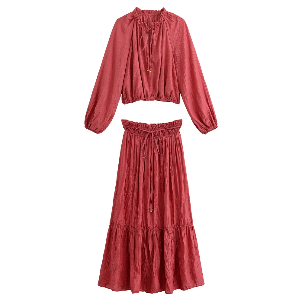 

Women's new fashion wrinkle effect casual short stand collar top retro long sleeved Lace up women's shirt chic top+Skirts suit ﻿