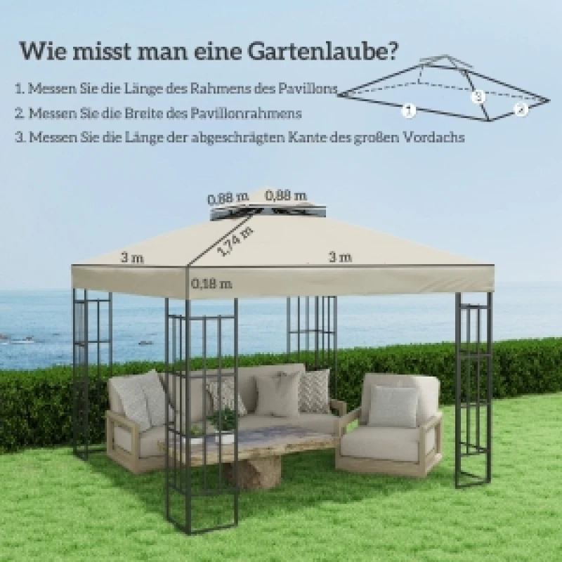 Toit de remplacement pour gazebo 3 x 3 m, Toit de gazebo, Couverture de remplacement à double toit pour gazebo de jardin, Pièces de rechange en tissu Oxford, 370 g/m², Blanc crème