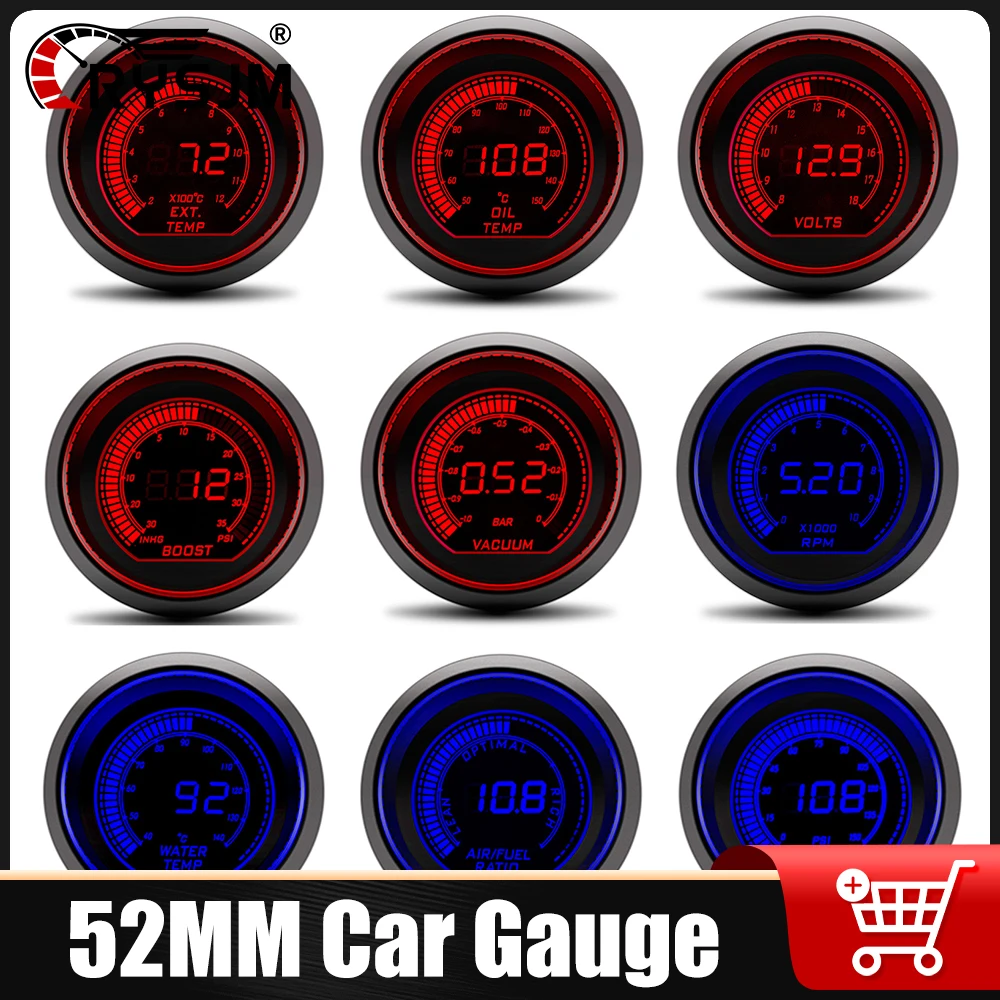 

52 мм тахометр температуры воды, соотношение воздуха и топлива, масляный пресс, температура масла, вакуумный вольтметр, выхлопной автомобиль, красный, синий, двойной светодиодный счетчик