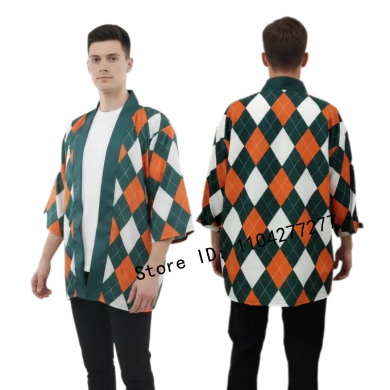 

Men Retro Argyle Plaid Shirt, Lightweight Open Front Casual Japanese Kimono Style Summer Shirt