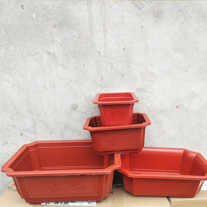 2PCS Plastic Thick Red Bonsai Pot Rectangular Flower Pot Outdoor Balcony Planting Pot