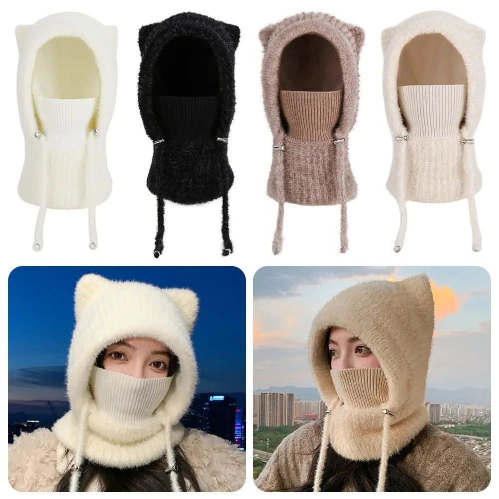 

Cute Korean Style Balaclava Hat Warm Breathable Knitted Hat Fluffy Large Head Circumference Ear Mask Hat for Women