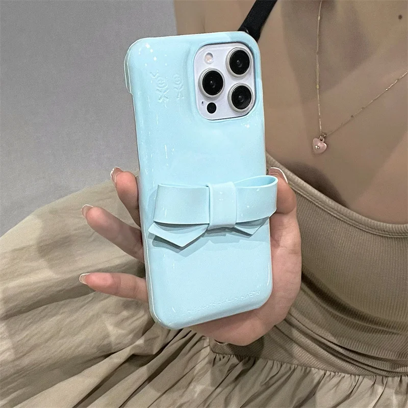 Candy Color Cute Bowknot Phone Case For iPhone 16 Pro 14 15 13 Pro Max Back Cover Korean Lovely Shockproof Cases 15Pro Max Funda
