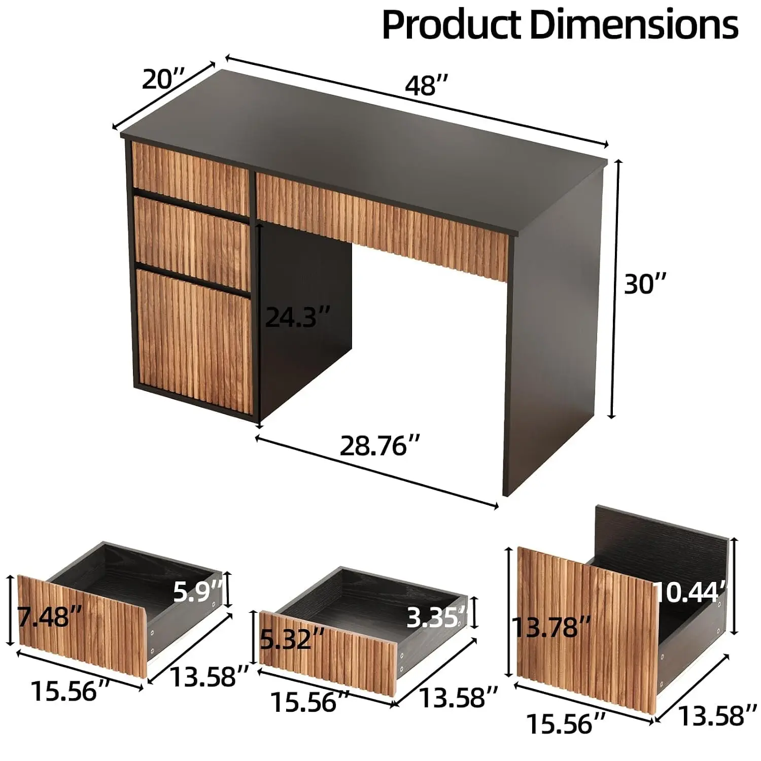Fluted Computer Desk With Drawers & Storage 48 Inch, Customized