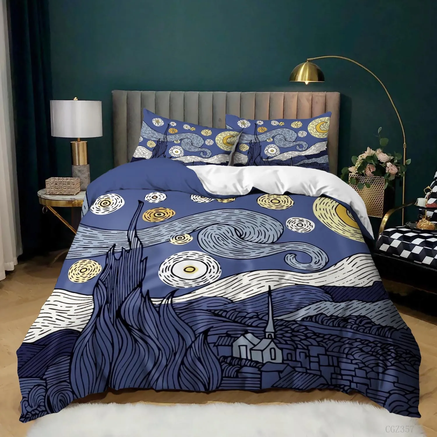 Starry Night Van Gogh Duvet Cover Set Queen Size,Oil Painting Famous Modern Classic Sky Star Art,Decorative 3 Piece Bedding Set