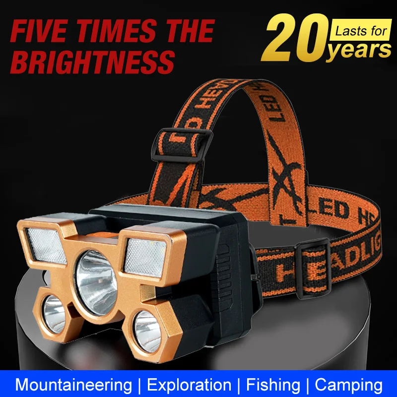 مصباح يدوي قوي بخمسة رؤوس قابل لإعادة الشحن، مصباح أمامي للصيد، مصباح أمامي للتخييم، شعلة صيد، فانوس ما قبل المشي لمسافات طويلة