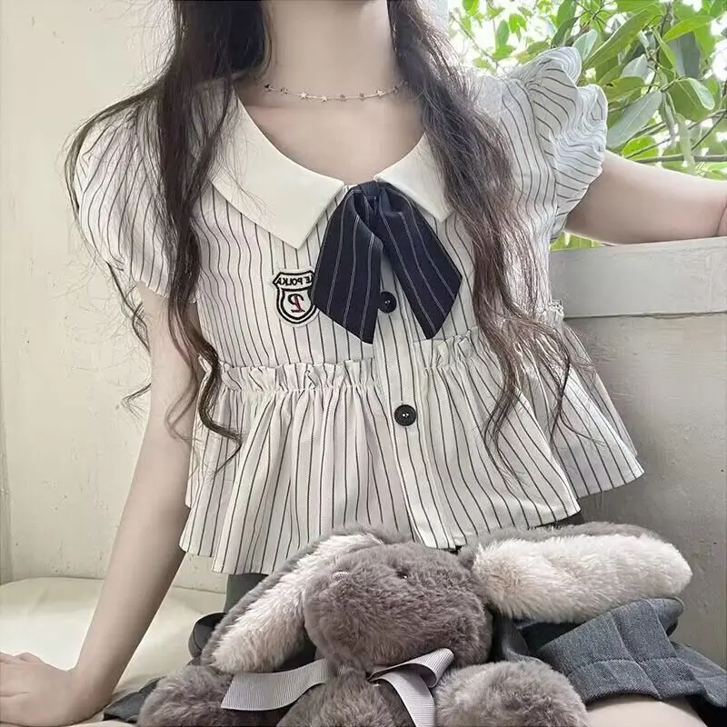 

Japanese Sweet Kawaii Striped Blouses Women Puff Sleeve College Style Cute Shirt Female Bow Korean Fashion Clothing Summer 2023