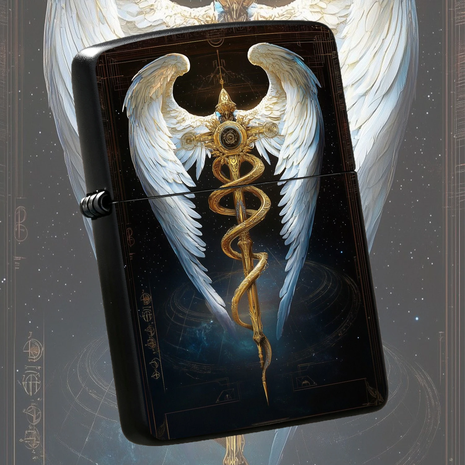 Exquisite Mystical Winged Scepter Themed Lighter, Deep Space Star Orbit Art Print, Portable Personal Accessory, Suitable For Daily Outings, Gatherings, And Gifting Scenarios, Clear Long Lasting Pattern, Delicate Texture, Unique Atmospheric