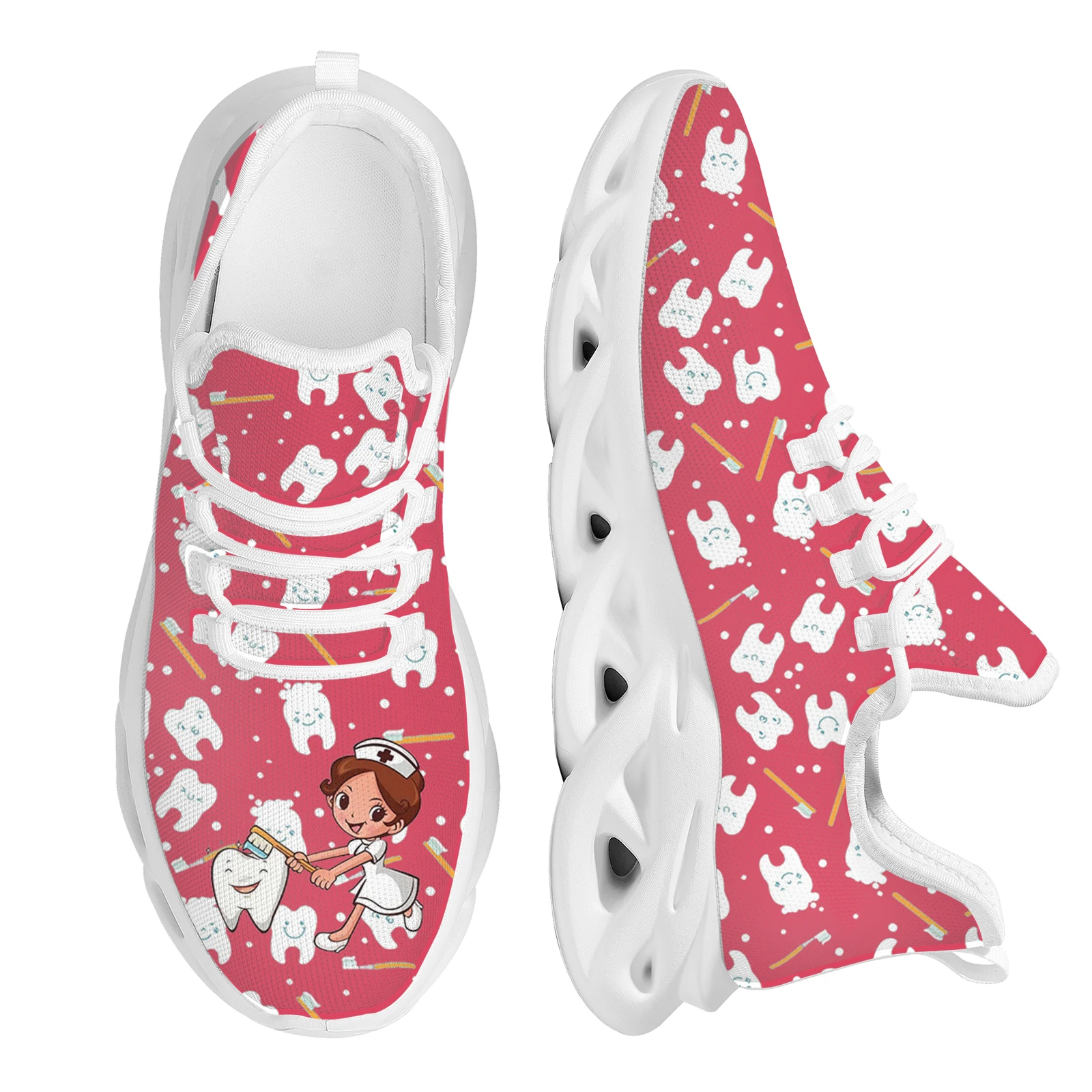 INSTANTARTS Women's Mesh Swing Sneakers Kawaii Nurse and Teeth Cartoon Platform Shoes for Ladies Comfort Lace-up Walking Tennis