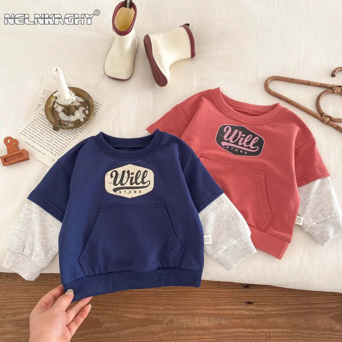 2024 Spring New in Kids Baby Boys Fashion Clothing Infant Full Sleeve Letter Fake Two Pieces Kangaroo Bag Top Sweatshirts 3M-3Y