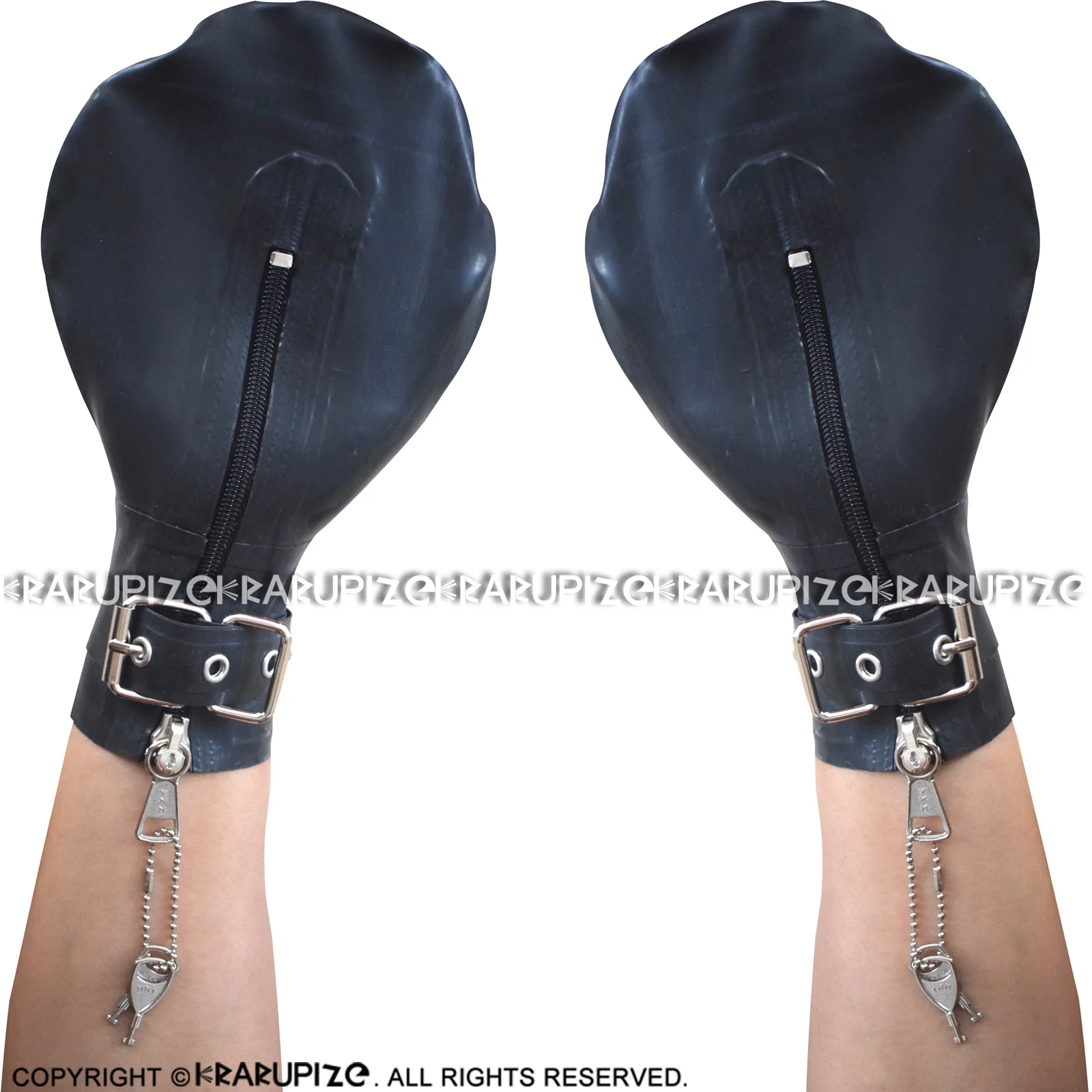 

Black Sexy Latex Mitts With Key Zippers D Rings Belts Short Rubber Gloves ST-0102