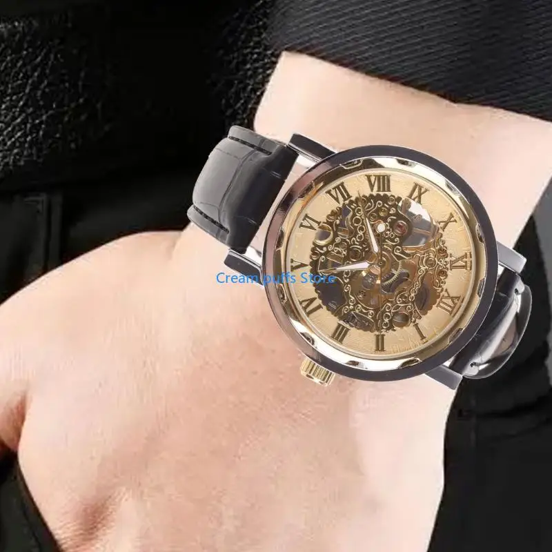 50LE Mens Black Leather Gold Dial Skeleton Mechanical Sport Wrist Watch