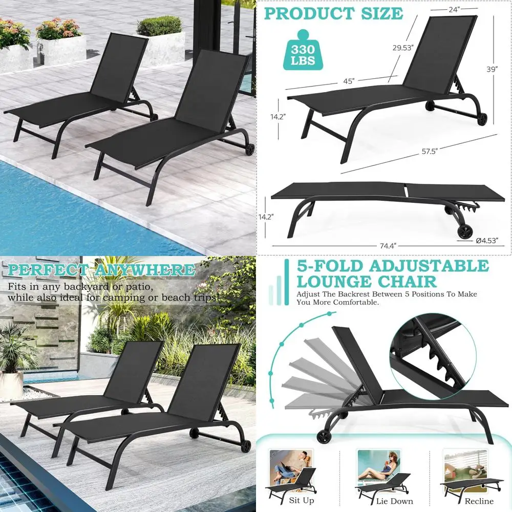 طقم كراسي صالة خارجية كبيرة الحجم مكون من قطعتين مع مسند ظهر قابل للتعديل، مقاومة للماء، بعجلات لسهولة الحركة #1