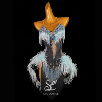 SYL black backless feather beaded fringe sew-on stone fringe latin dance dress woman dancesport dress standard