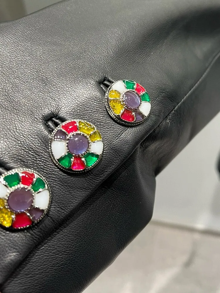 Autunno nuove donne bottoni colorati slim fit pelle di pecora giacca in vera pelle vintage elegante signora festa bavero colletto capispalla cappotto