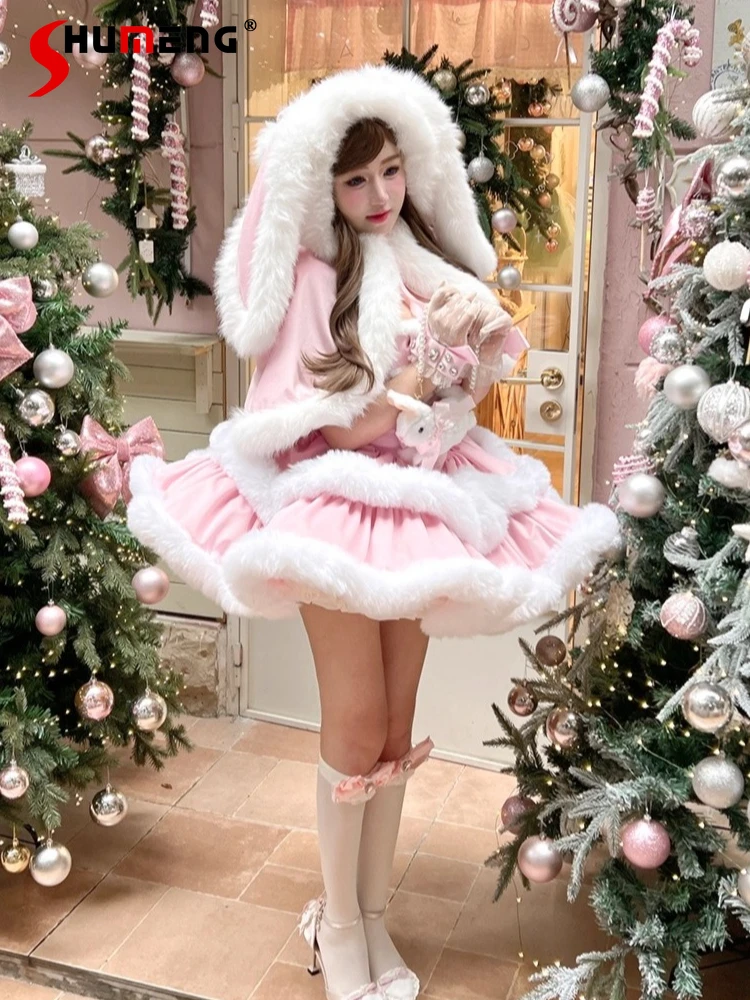 

2025 Christmas Party Pink Dress Cape Set Girl's Princess Cute Bow Birthday Party Ball Gown Dress Winter Women's Plush Warm Dress