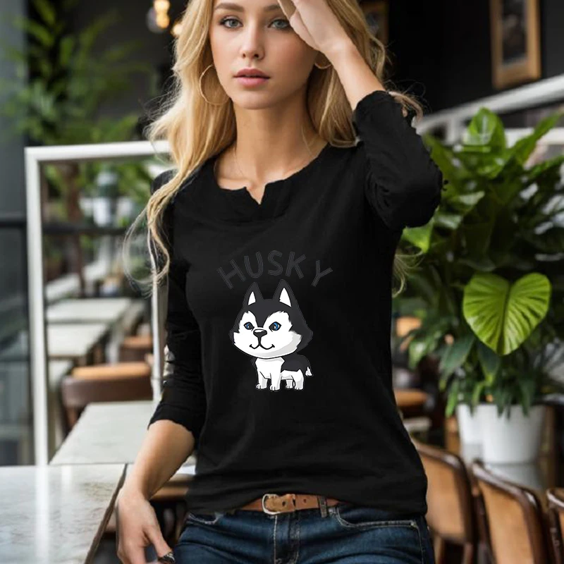 T-Shirt à manches longues pour femme, petit col en v, imprimé Husky mignon, Slim et fin, tempérament jeunesse, automne 2025