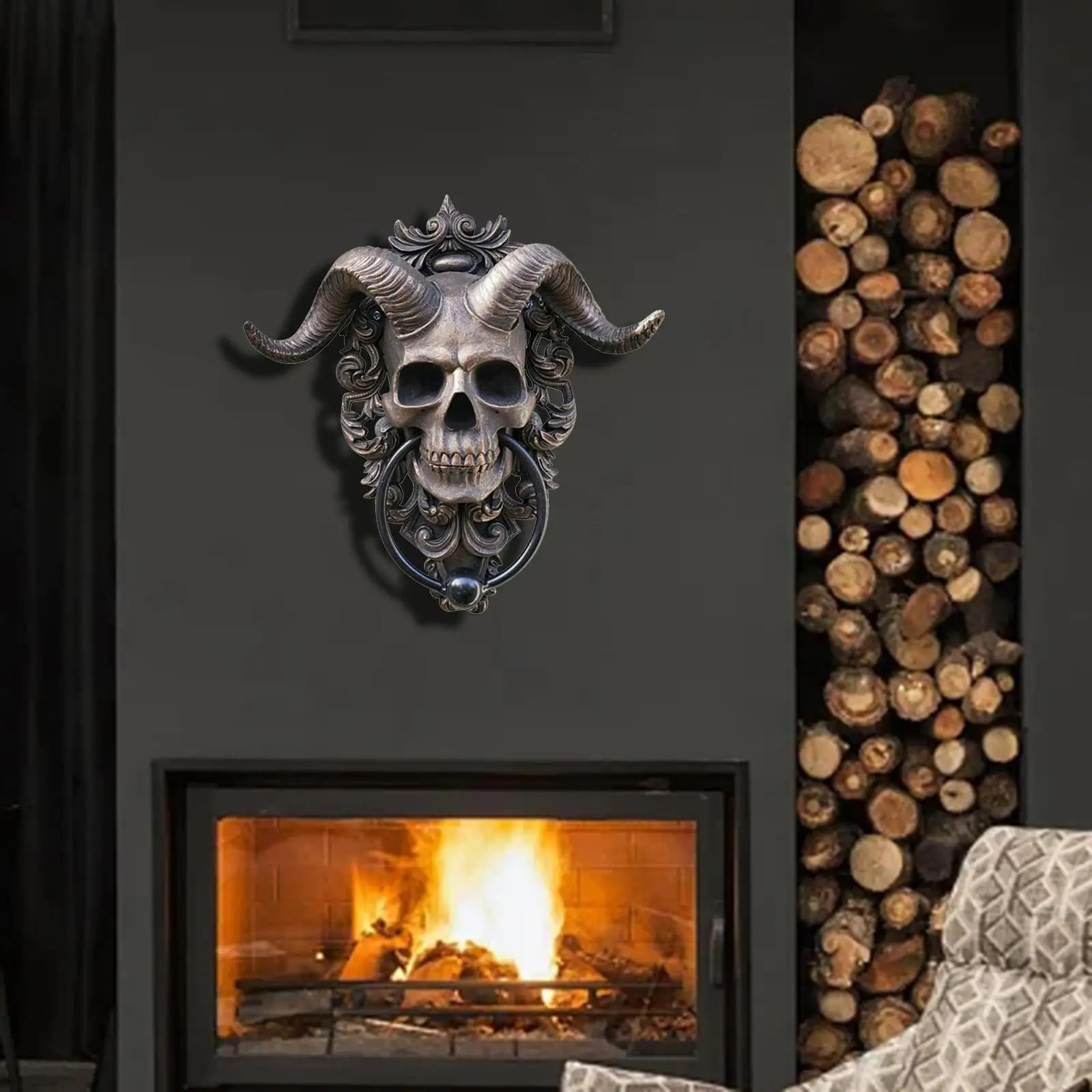 Skull Hanging Door Knocker Goat Skeleton Head Door Knocker Decor Sheep Head Skull Sculpture for Halloween Front Door Decoration