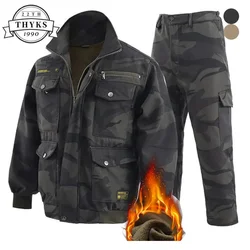 Mens Winter Suit Waterproof Wear-resistant Fleece Jacket +Multi-pocket Camo Pants Fall Military Tactical Work Clothes Male