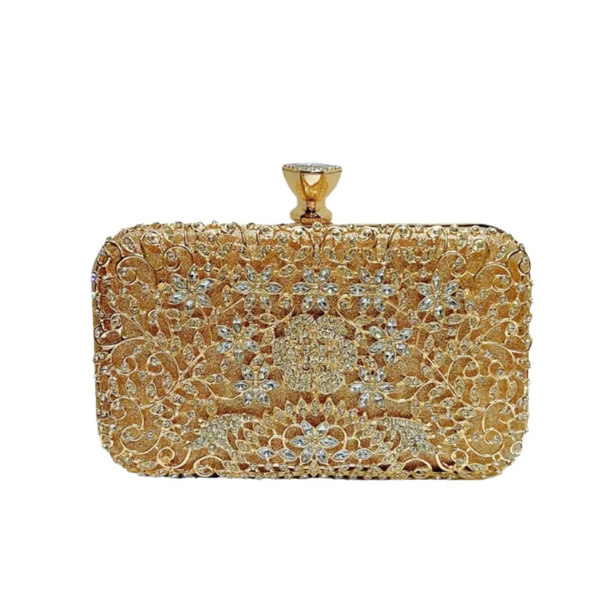 Gold Hollow Floral Rhinestone Rectangle Clutch Bag Full Crystal Beaded Metal Lock Evening Handbag Luxury Wedding Purse For Women
