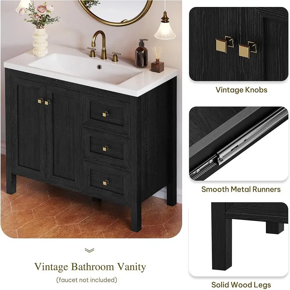 Vintage Bathroom Vanity Cabinet with Resin Sink Large Storage Soft Close Doors and Drawers Easy Assembly Durable Design