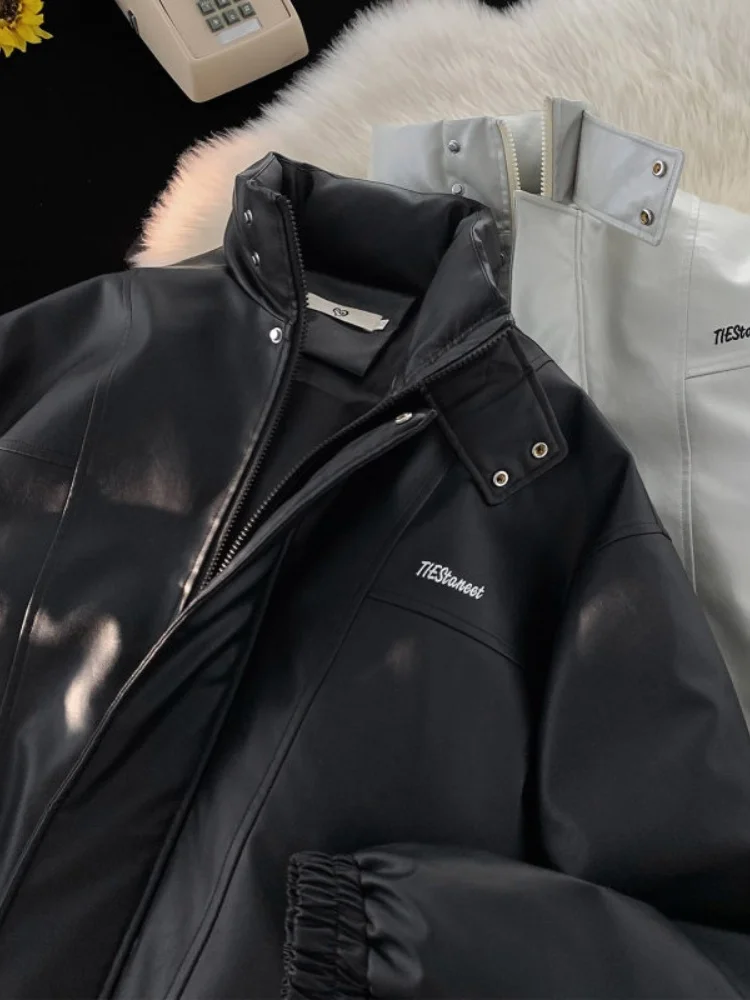 

Thiened Leather Jaet Men's Sli Winter Streetwear High Street Cotton Clothes Teens' Warmth Embroidered Cotton Coat