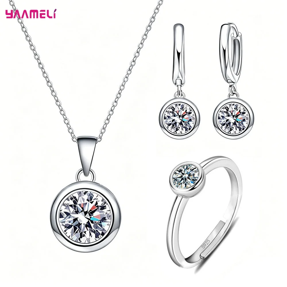 100% Pure S925 Silver Round Cubic Zircon Pendant Necklace Earrings Ring Jewelry Sets for Woman Wedding Engagement