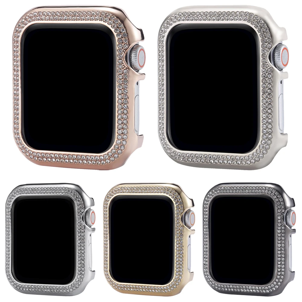 Double Diamond Protective Case For Apple Watch Cover 41mm 45mm 40mm 44mm Women Metal Bumper Frame Shell For iWatch 9 8 7 6 5 SE