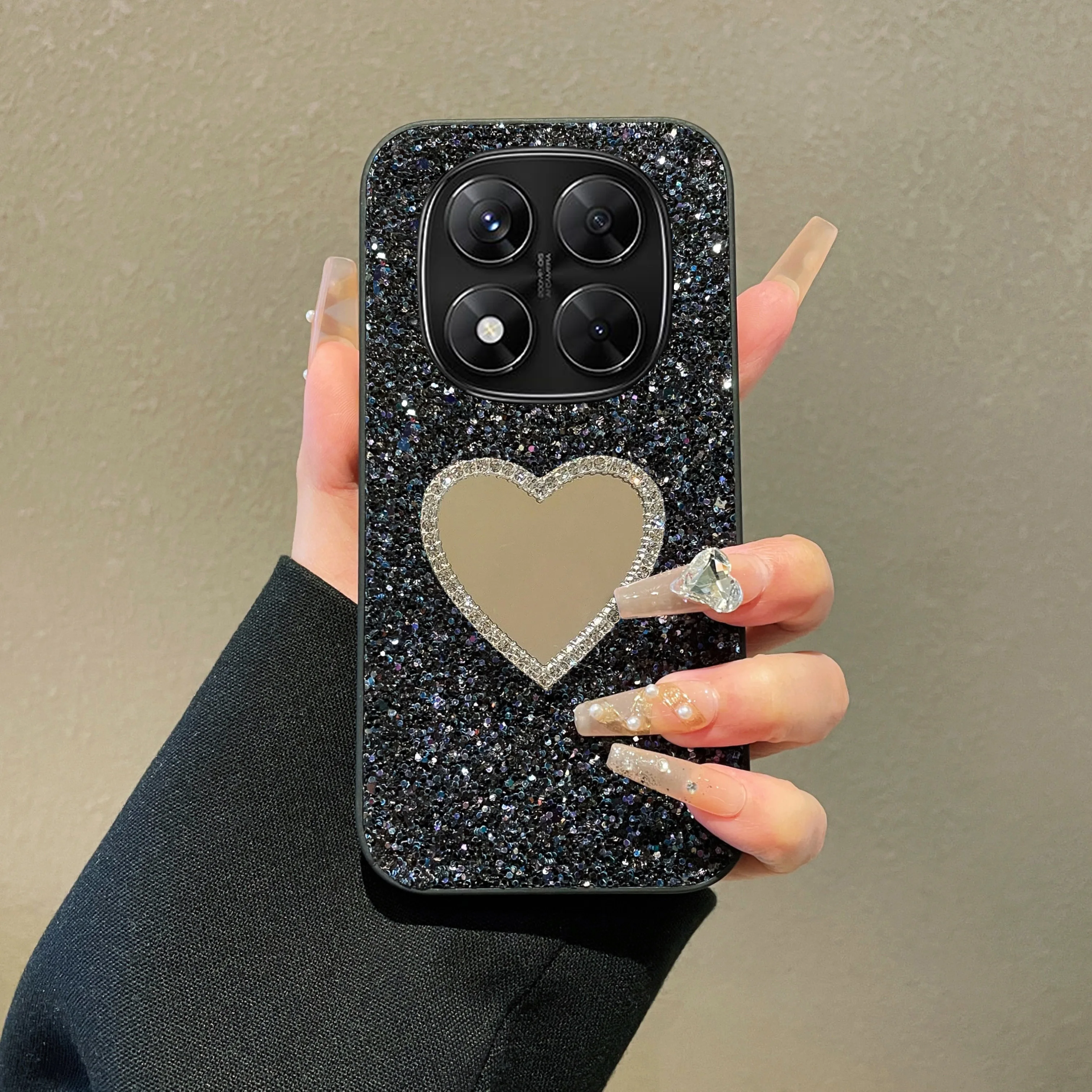 Luxuriöse Künstliche Strass-Glitzer-Leder-Handyhülle für Xiaomi Redmi Note 14 15 4G 5G Pro + mit Niedlichem Liebesherz-Spiegel