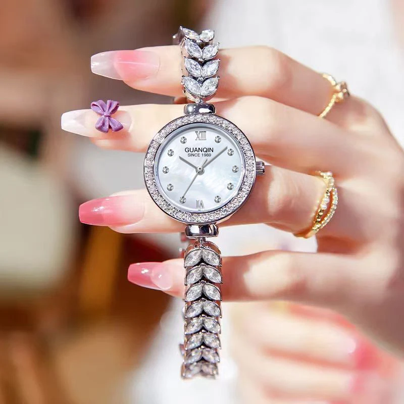 GUANQIN Luxury Women's Quartz Watch Mother-of-Pearl Dial Fish-Tail Chain Strap Leisure 30M Waterproof Watch for Lady for Gifts