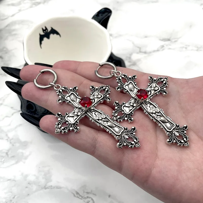Gothic Large Silver Colour Tone Jewel Cross Earrings with Black Red Punk Hallowmas Jewellery Gorgeous Wedding Statement Women image 6